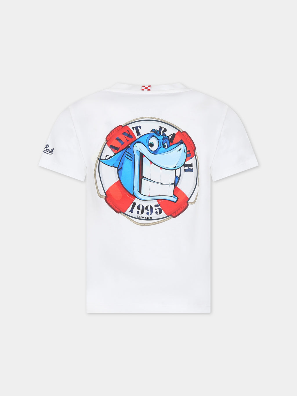 White t-shirt for boy with shark and logo